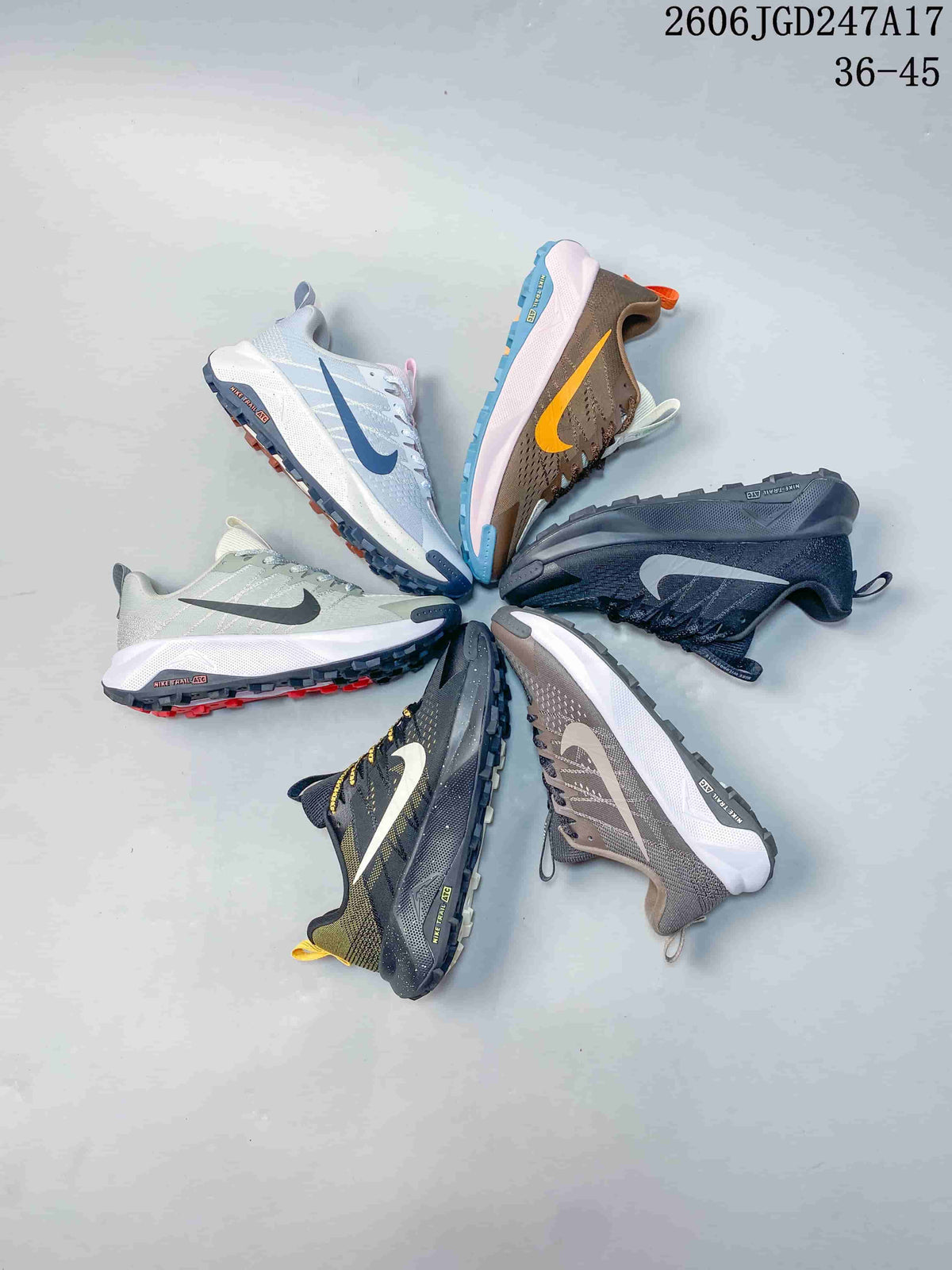 Several Nike Wildhorse 10 trail running shoes arranged in a circle