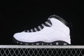 Side view of a white, black, and grey Air Jordan 10 Retro high-top sneaker