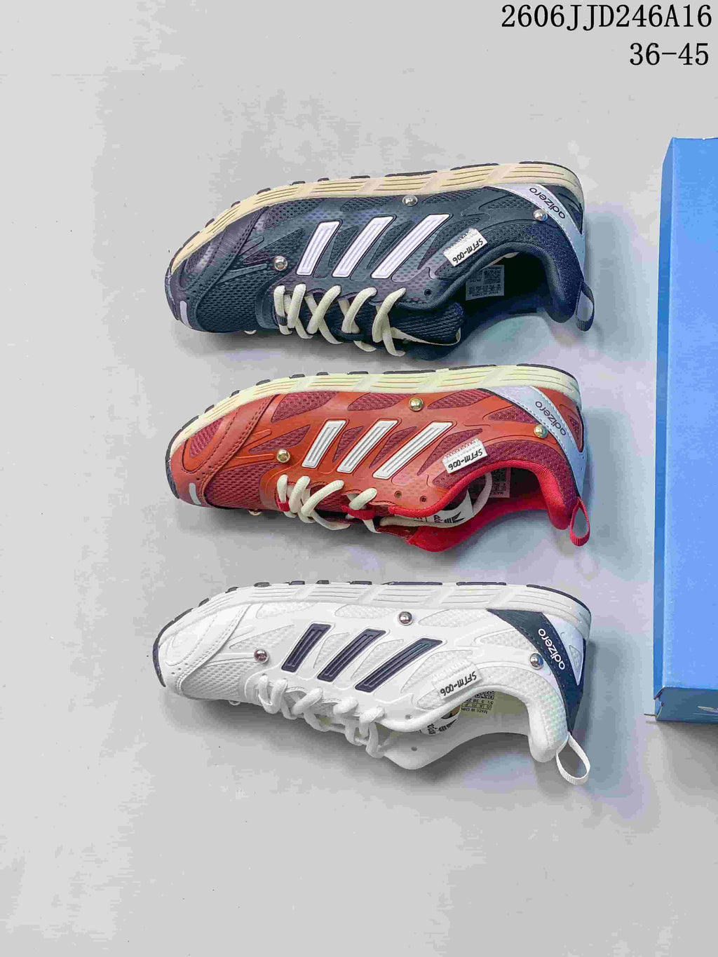 Three Adizero PR SFTM-006 colorways shown from above