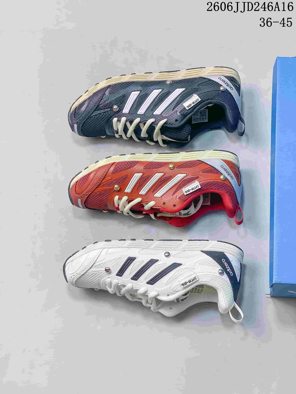 Three Adizero PR SFTM-006 colorways shown from above