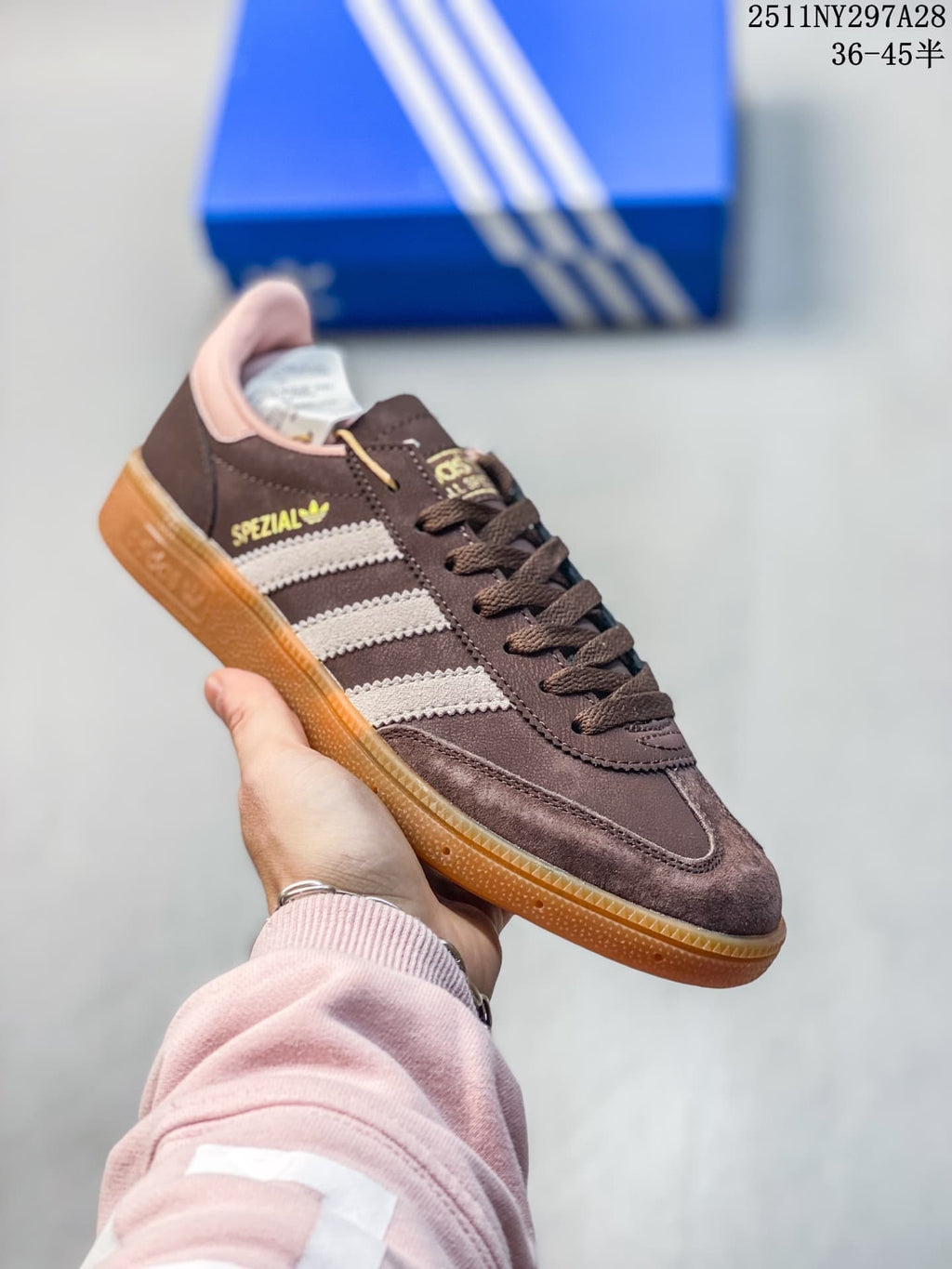 Brown adidas Handball Spezial sneaker with pale pink stripes and a gum outsole