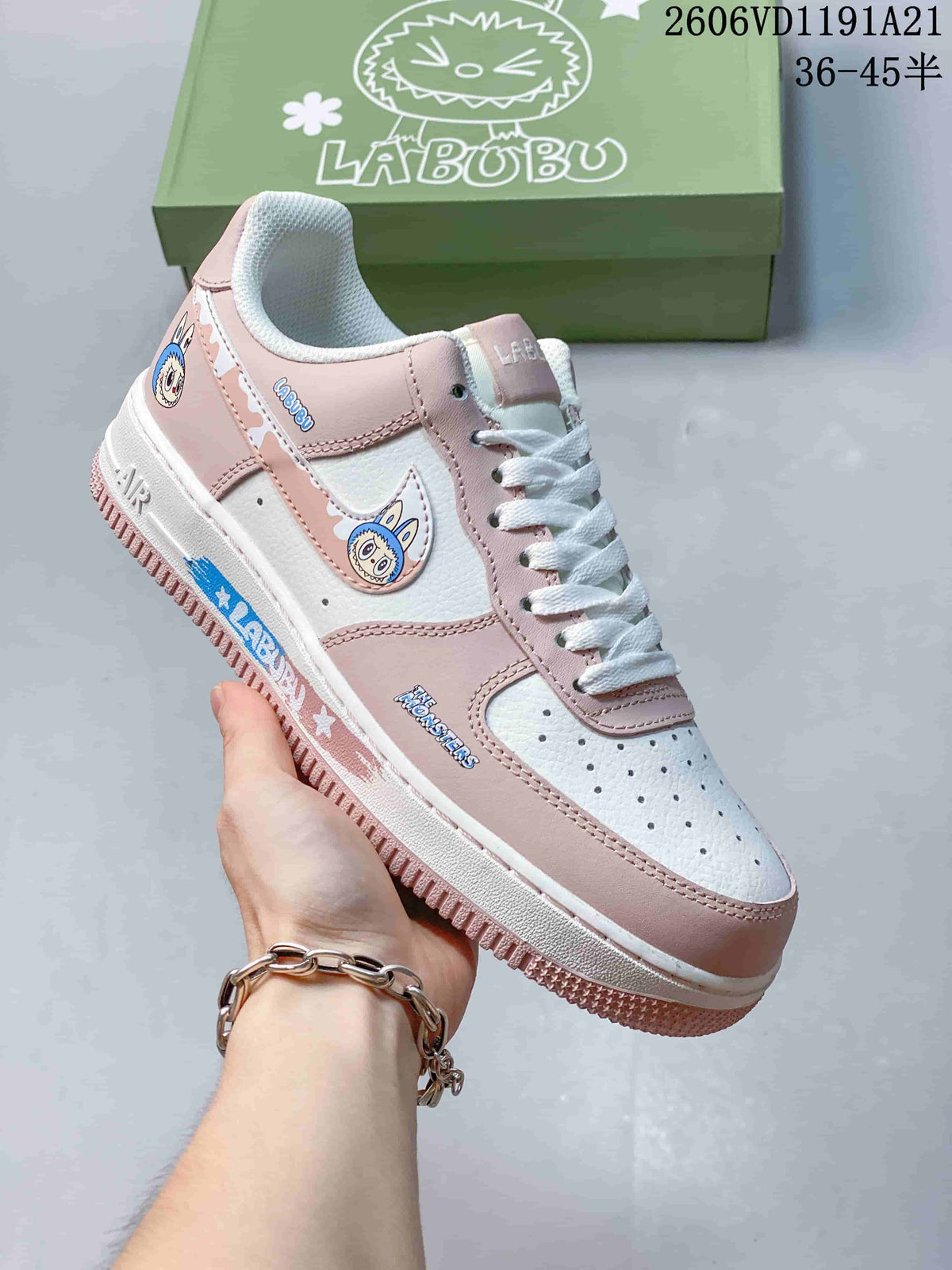 Pink and white low-top sneakers with LABUBU graphics beside a green LABUBU shoe box; image text shows a size range of 36–45.5.