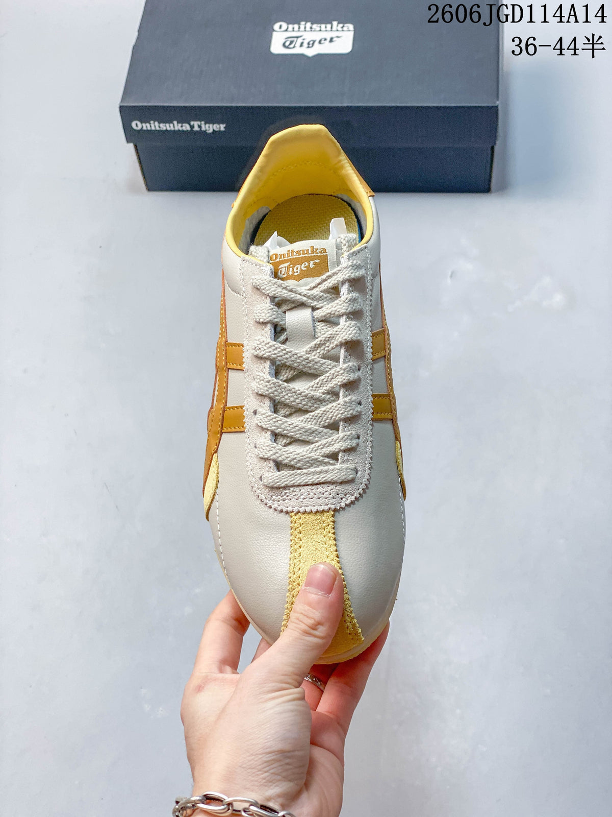 Top view of the lace-up sneaker with pale yellow toe detail