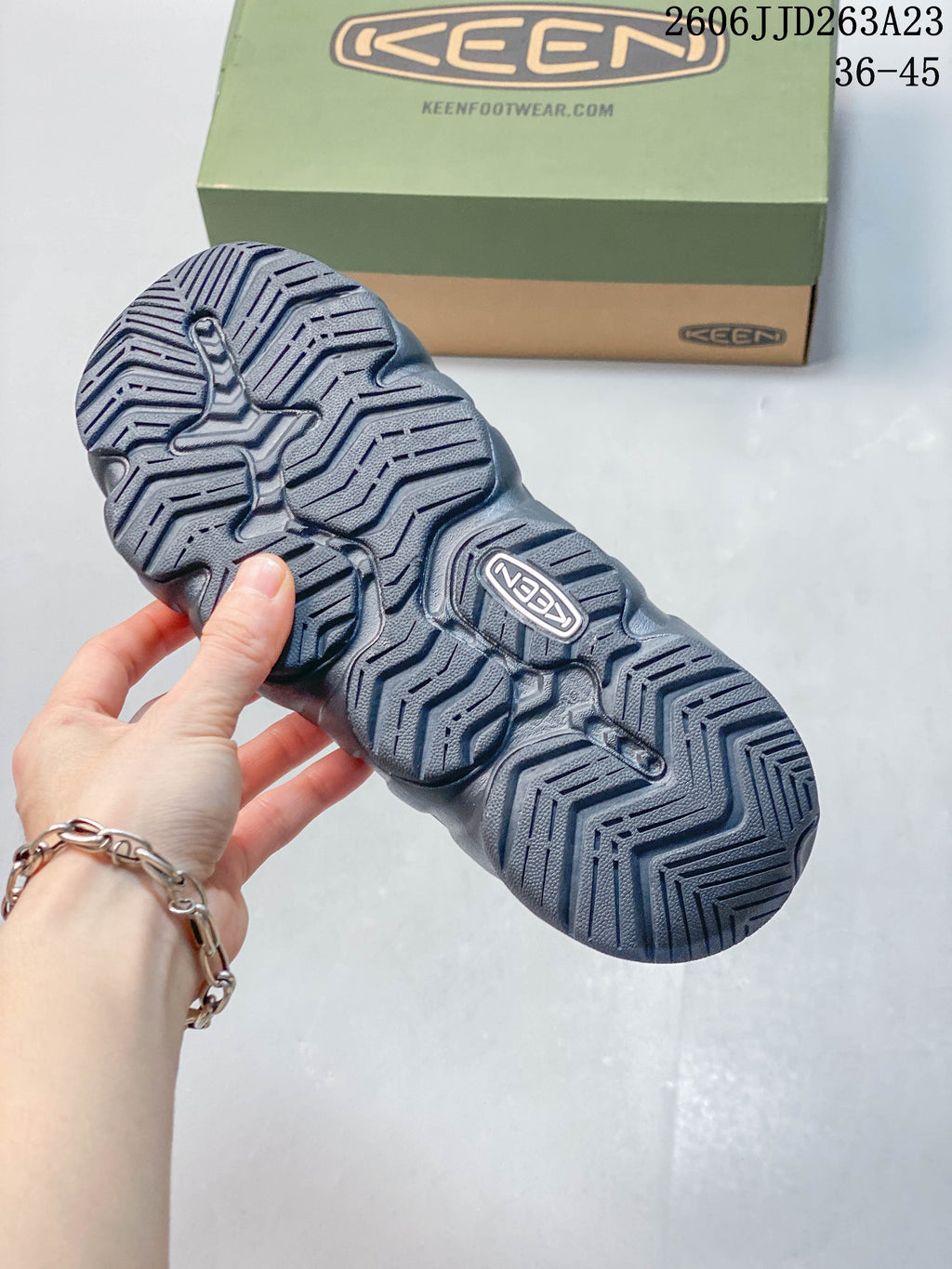 Close-up of the patterned outsole on a dark navy KEEN sandal