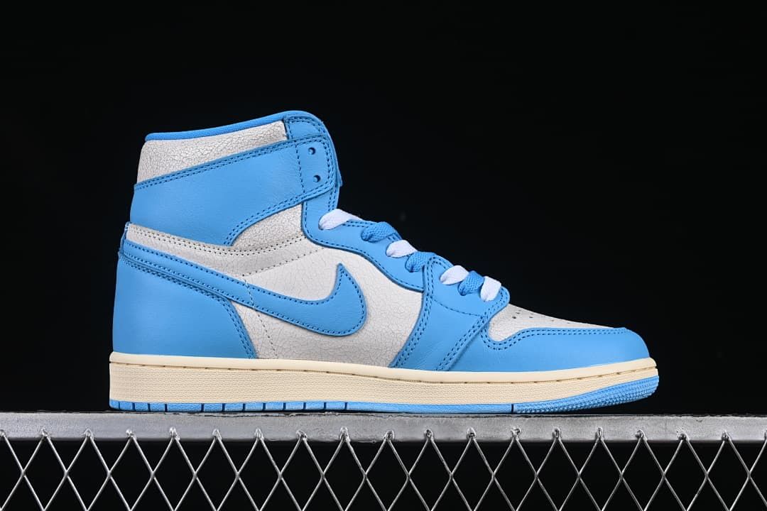 Side profile of a blue-and-white high-top sneaker
