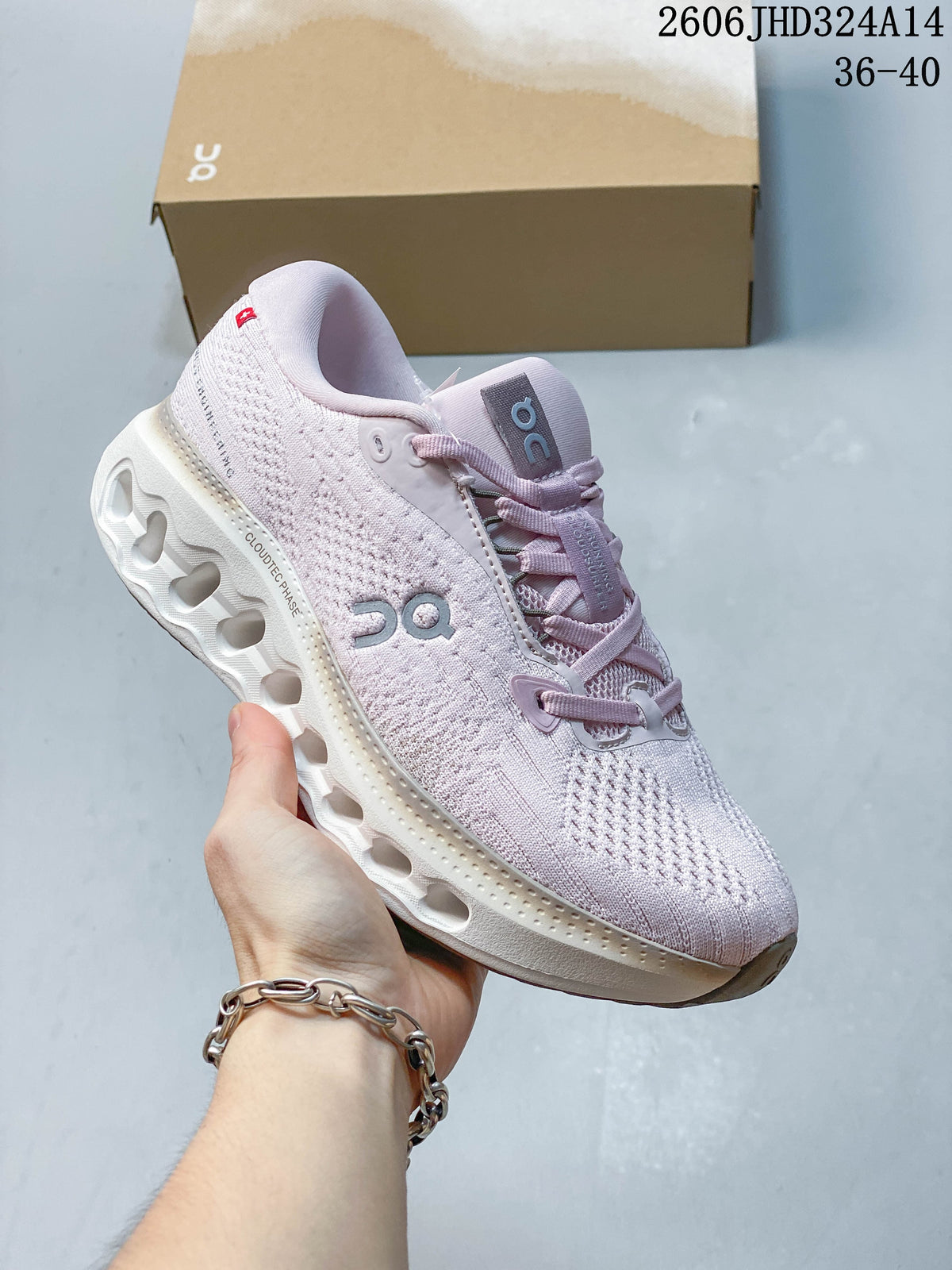 Side view of a pale pink On Cloudtilt shoe showing its sculpted midsole