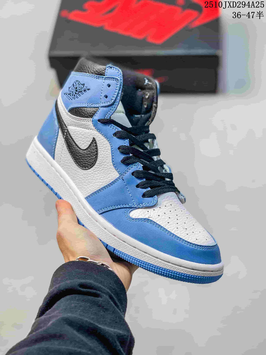 Blue, white, and black high-top sneaker with a perforated toe