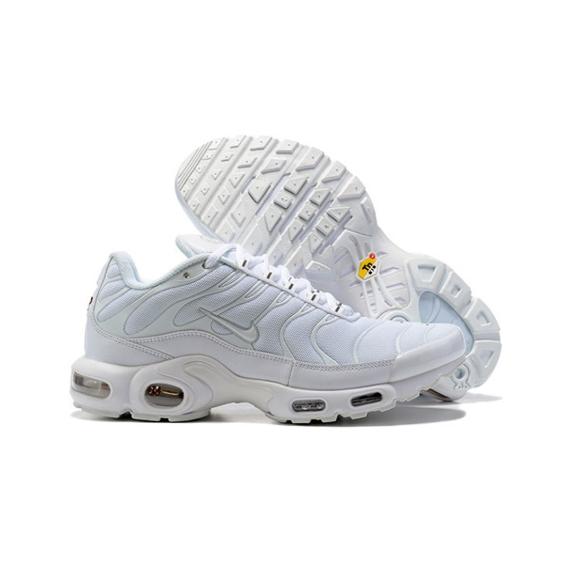 All-white Nike Air Max Plus-style sneakers with visible cushioning windows.