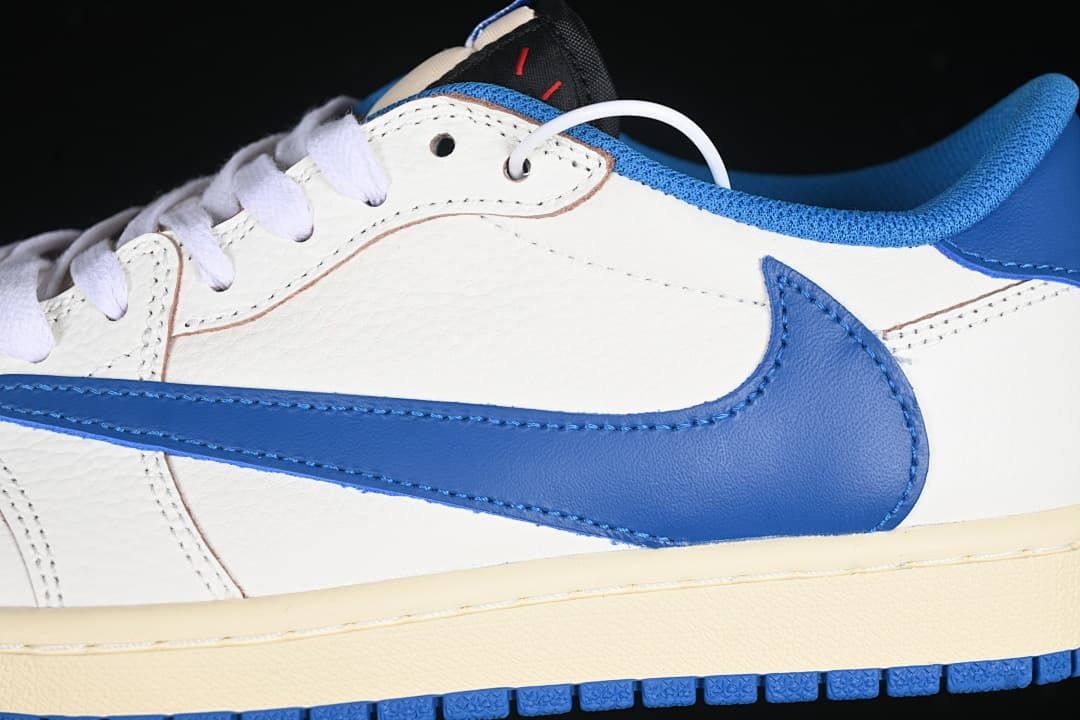 Close-up of the blue side Swoosh and off-white upper