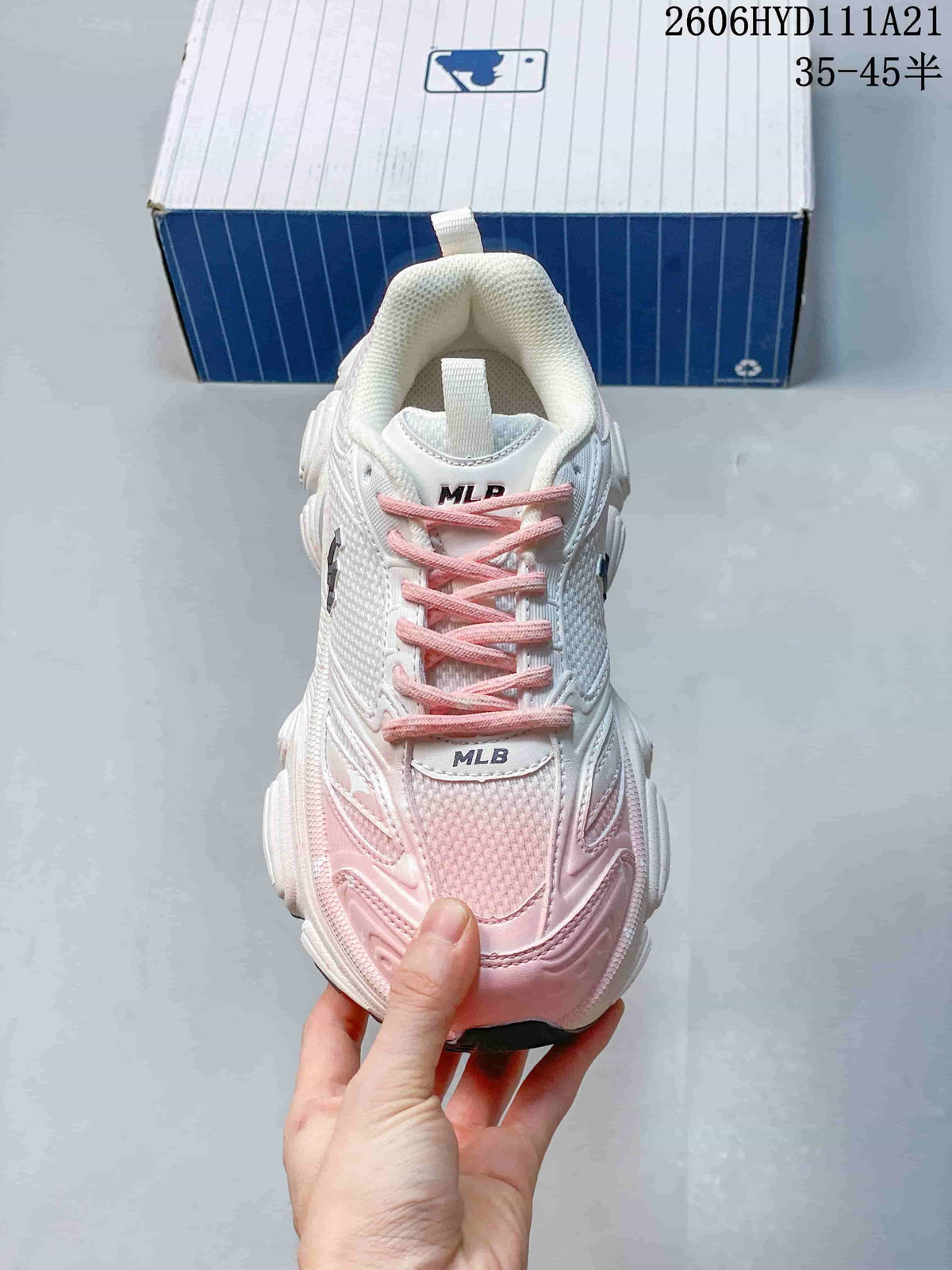 Front view showing pink laces, mesh-like panels, and MLB branding.