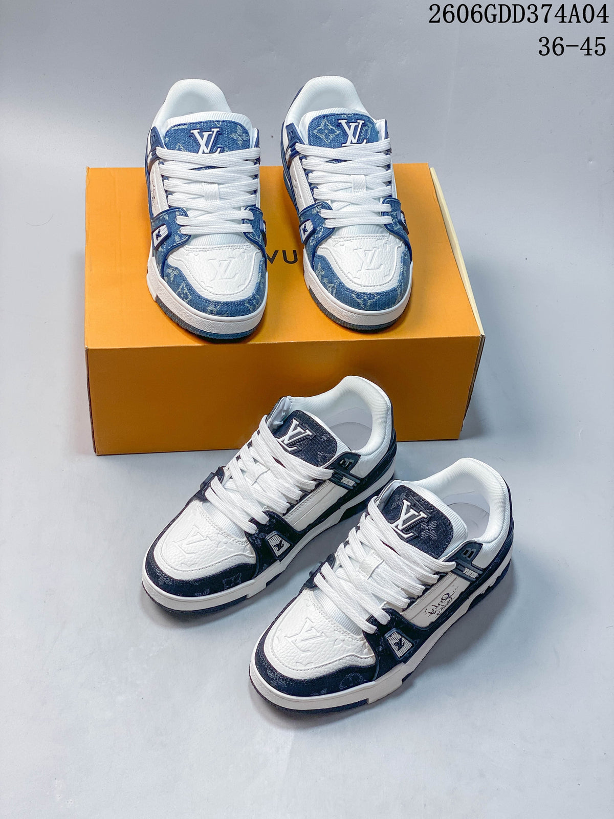 Multiple views of blue and white Trainer Low sneakers on and beside an orange box
