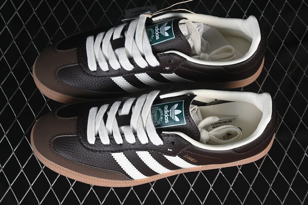 Pair of brown and white adidas Samba OG sneakers viewed from above