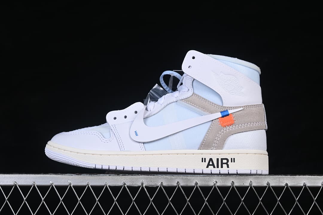 Side profile showing the Swoosh, pale blue-toned panel, light neutral heel overlay, and AIR midsole lettering