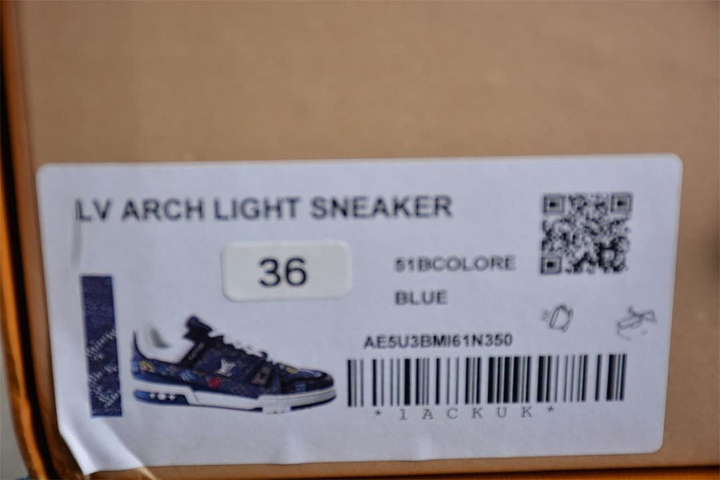 Shoebox label reading LV Arch Light Sneaker, size 36, color blue.