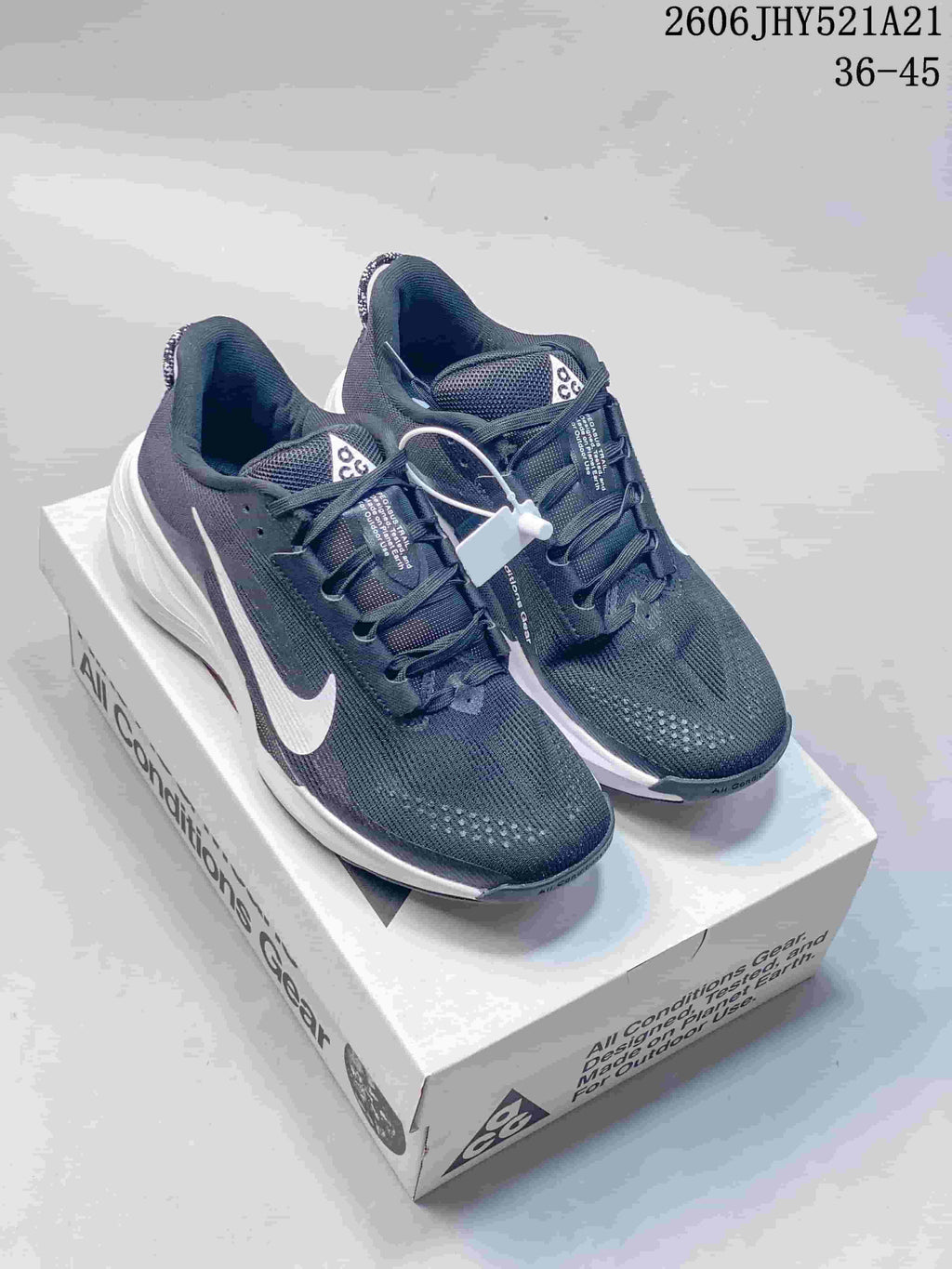 Pair of dark gray Nike ACG Etcon 10 shoes with white accents, shown on a shoe box