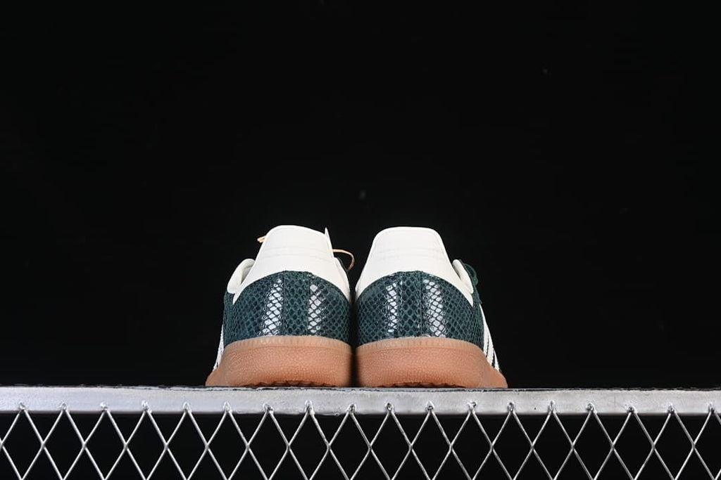 Rear view of both sneakers showing the heel details and gum-colored soles