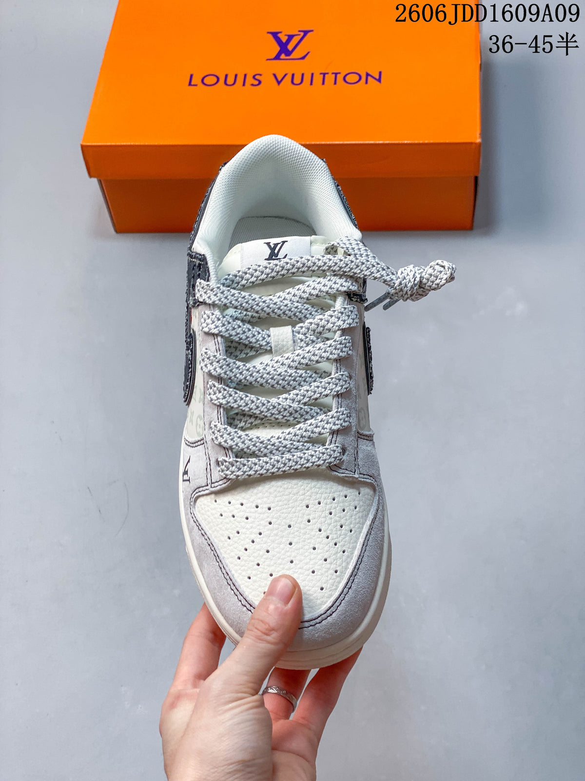 Top view showing the perforated toe, gray-and-white laces, and contrasting panels