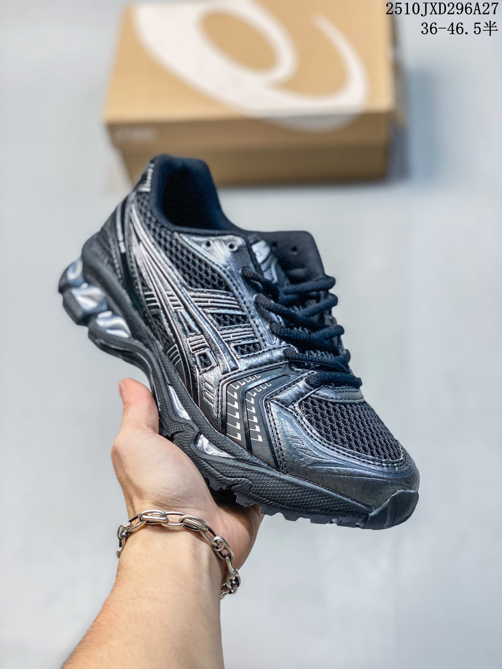 Dark mesh running sneaker with metallic-look overlays.