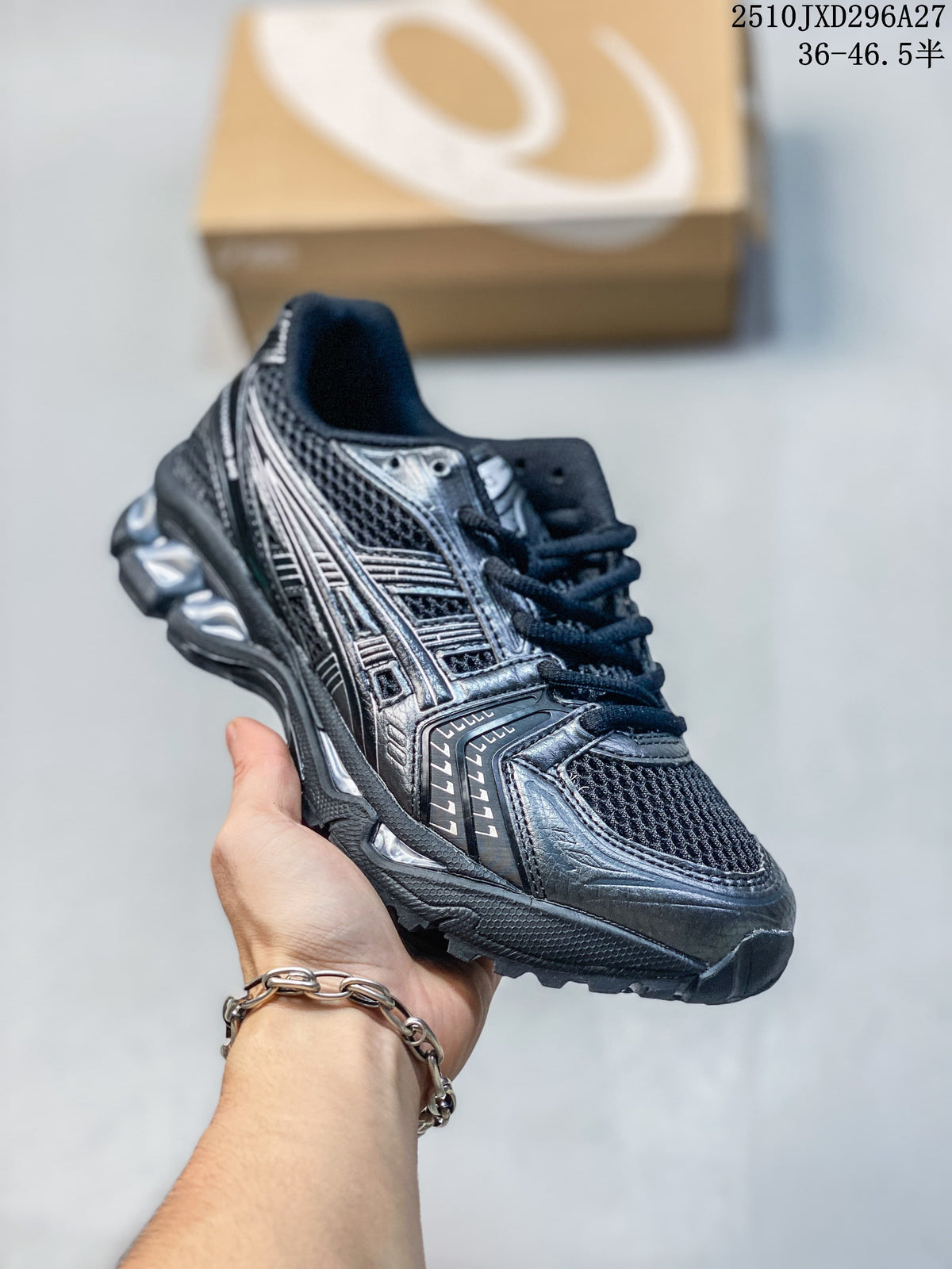 Dark mesh running sneaker with metallic-look overlays.