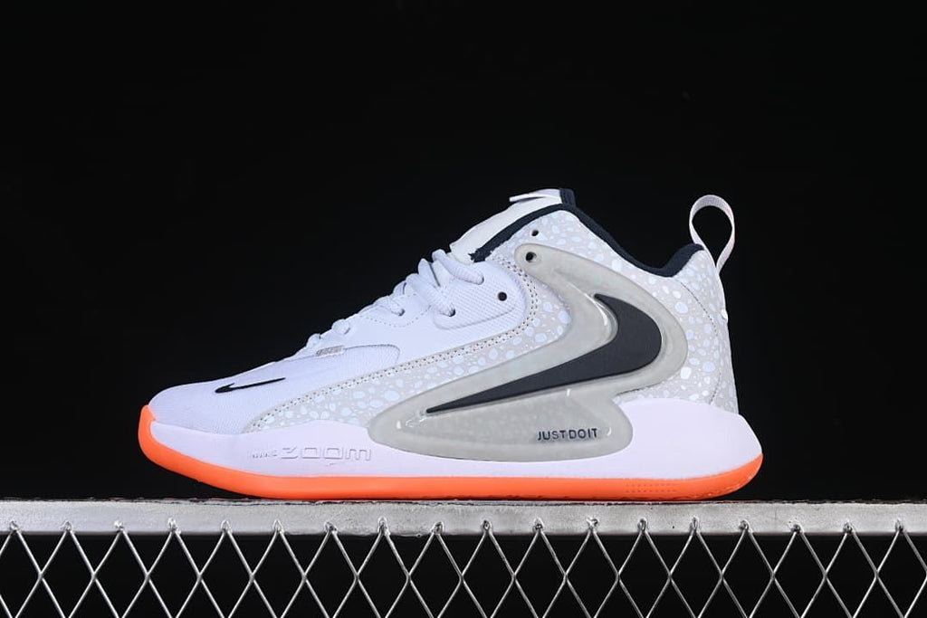 Side view of a white and light gray Nike Zoom HyperSet 2 SE with a bright orange outsole