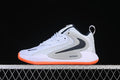 Side view of a white and light gray Nike Zoom HyperSet 2 SE with a bright orange outsole