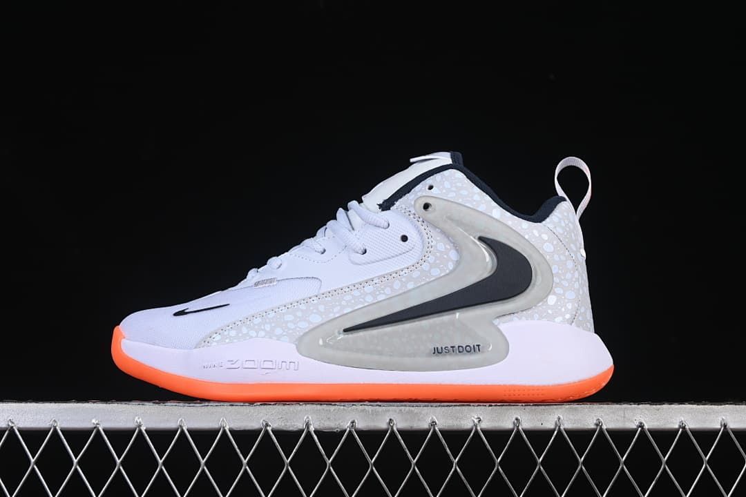 Side view of a white and light gray Nike Zoom HyperSet 2 SE with a bright orange outsole