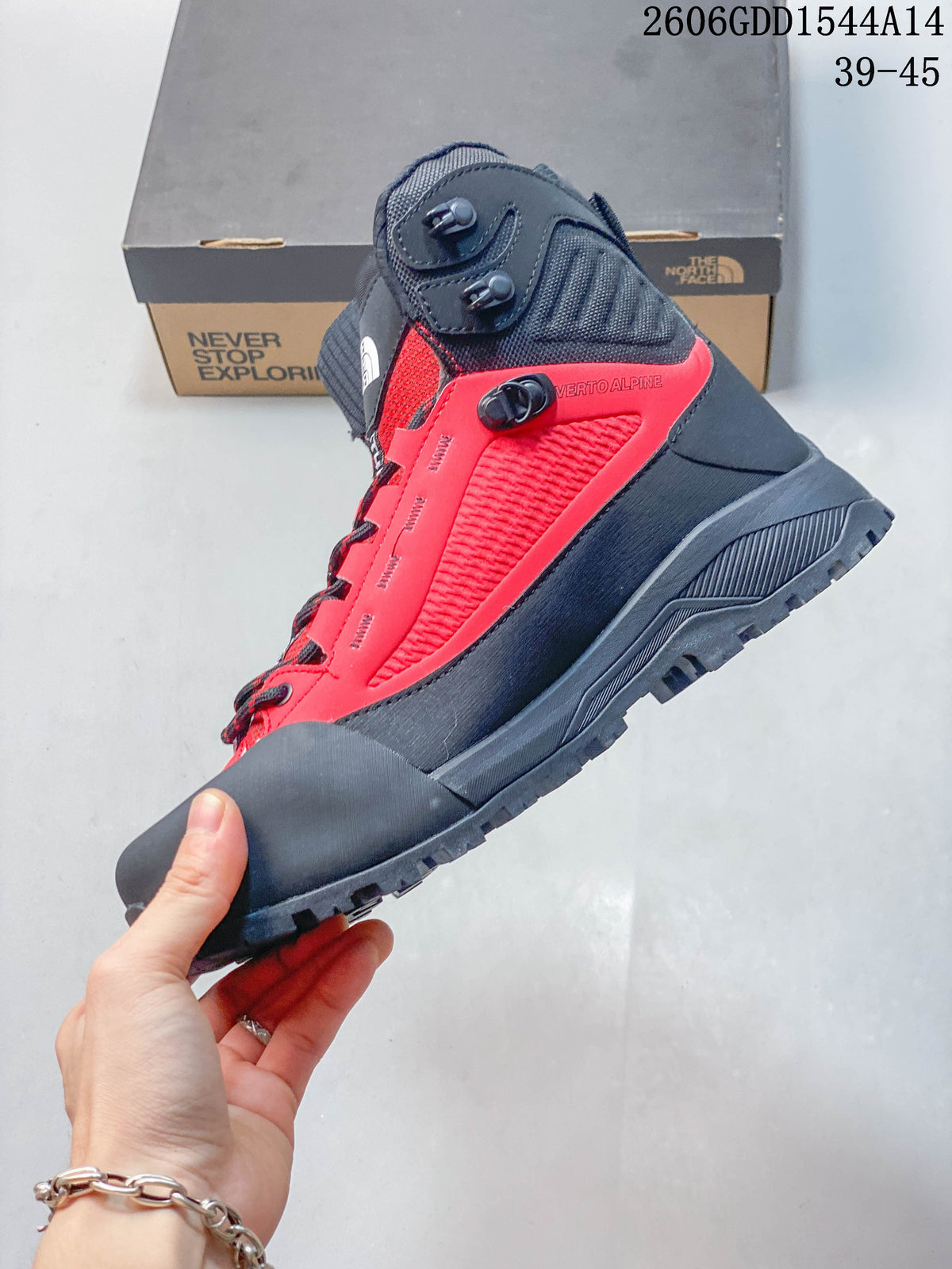 Side view of the Verto Alpine mid hiking boot with lacing hardware and toe protection