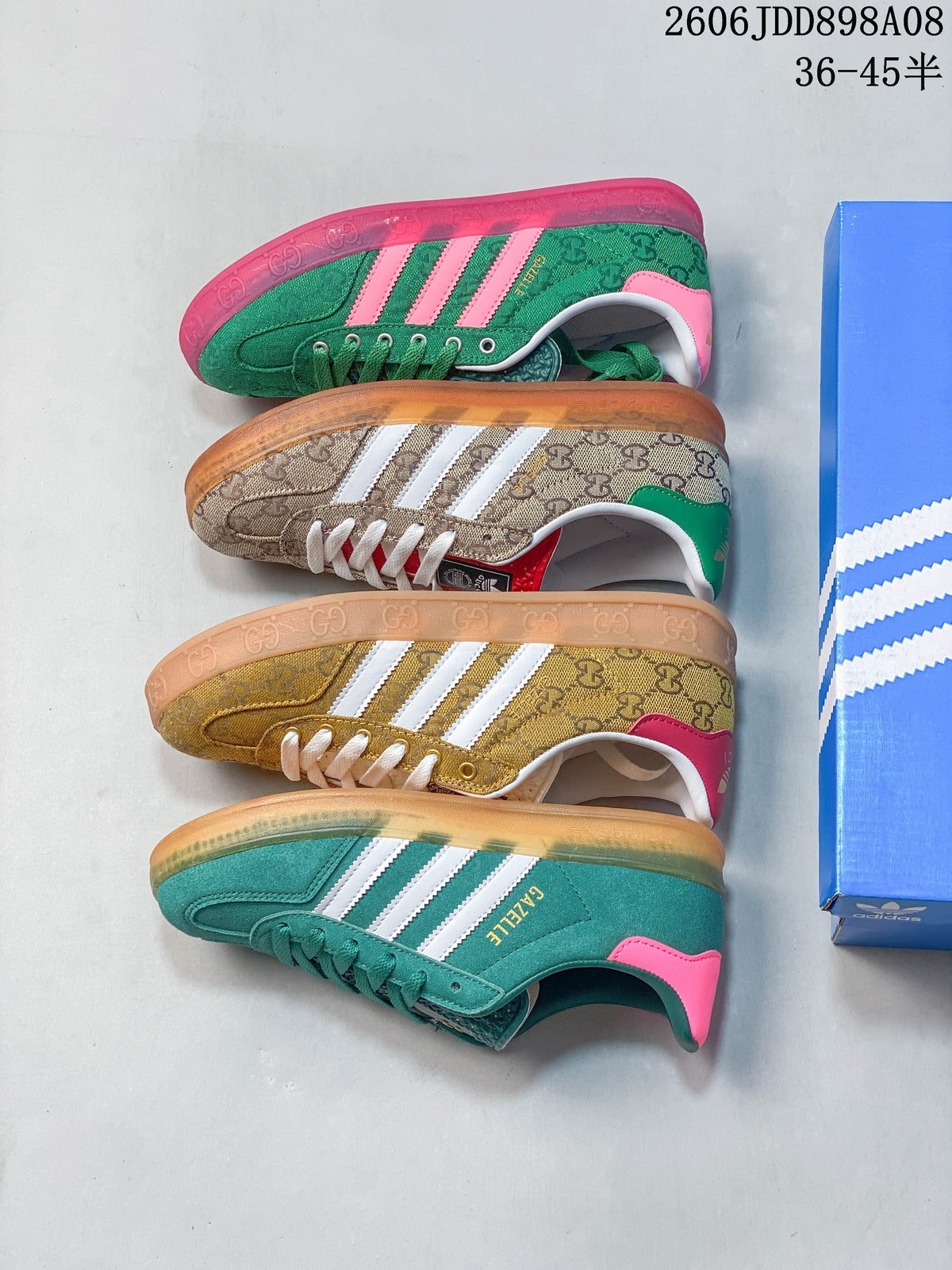 Four low-top sneaker colorways arranged side by side