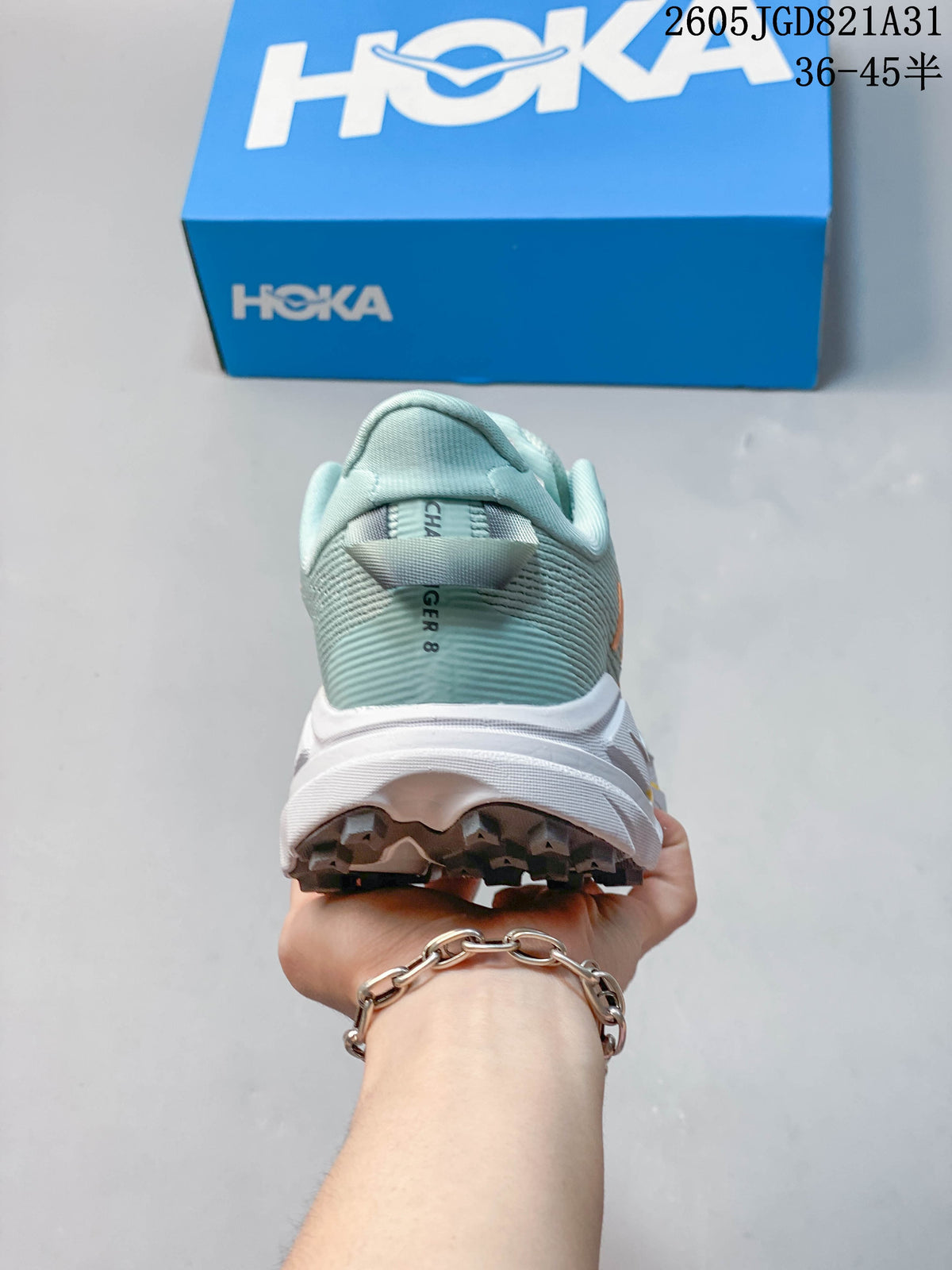 Rear view of a light blue HOKA Challenger 8 shoe