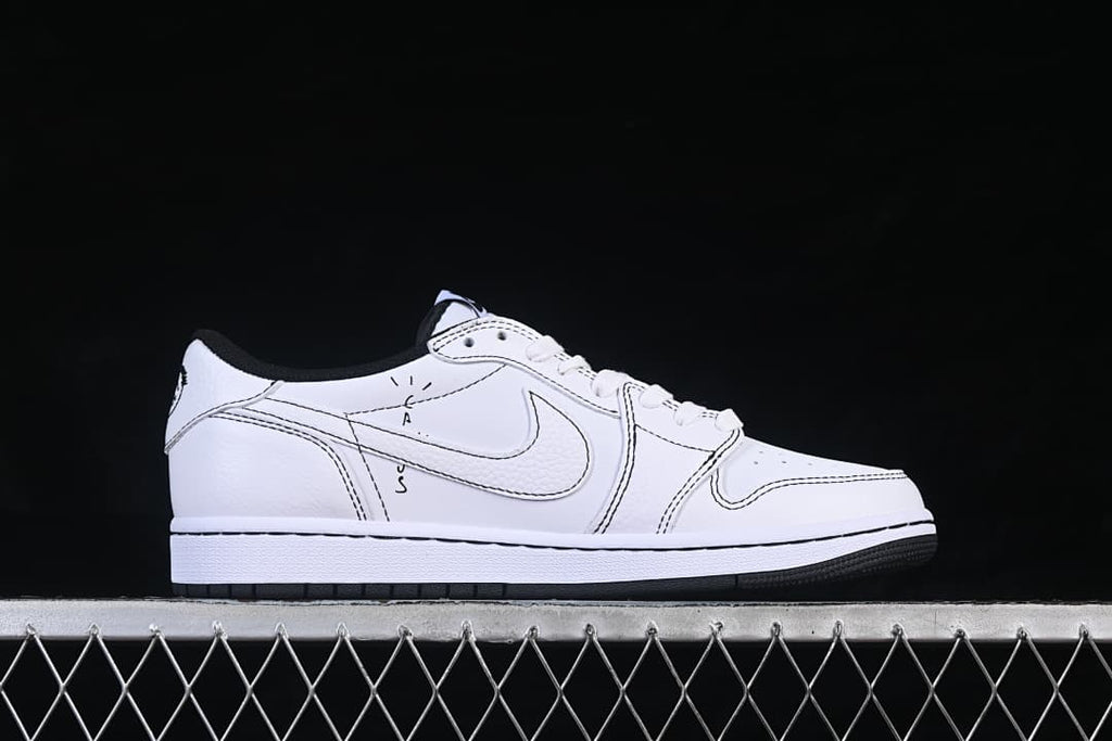 Side view of a white low-top sneaker with contrast stitching and a black collar against a dark background.