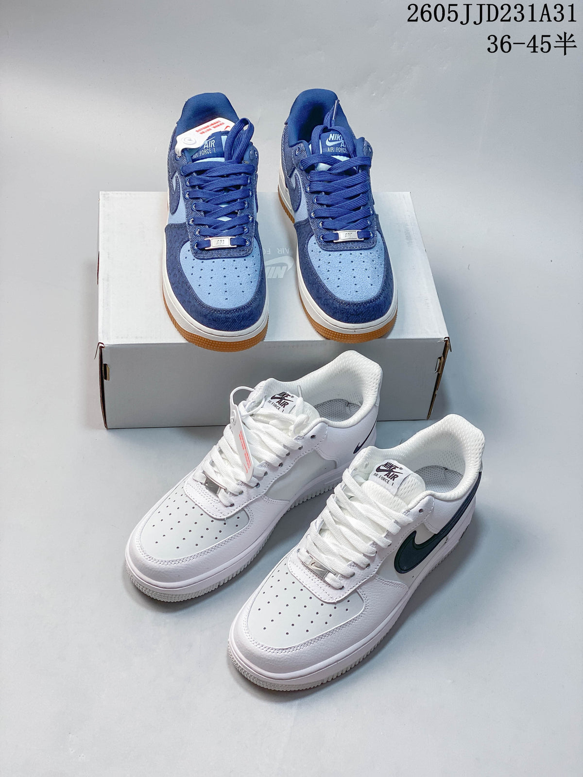 Blue and white Nike Air Force 1 Low sneakers shown together
