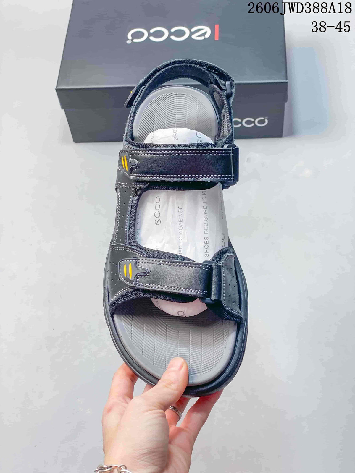 Top view of an ECCO sandal showing its open toe and two adjustable straps