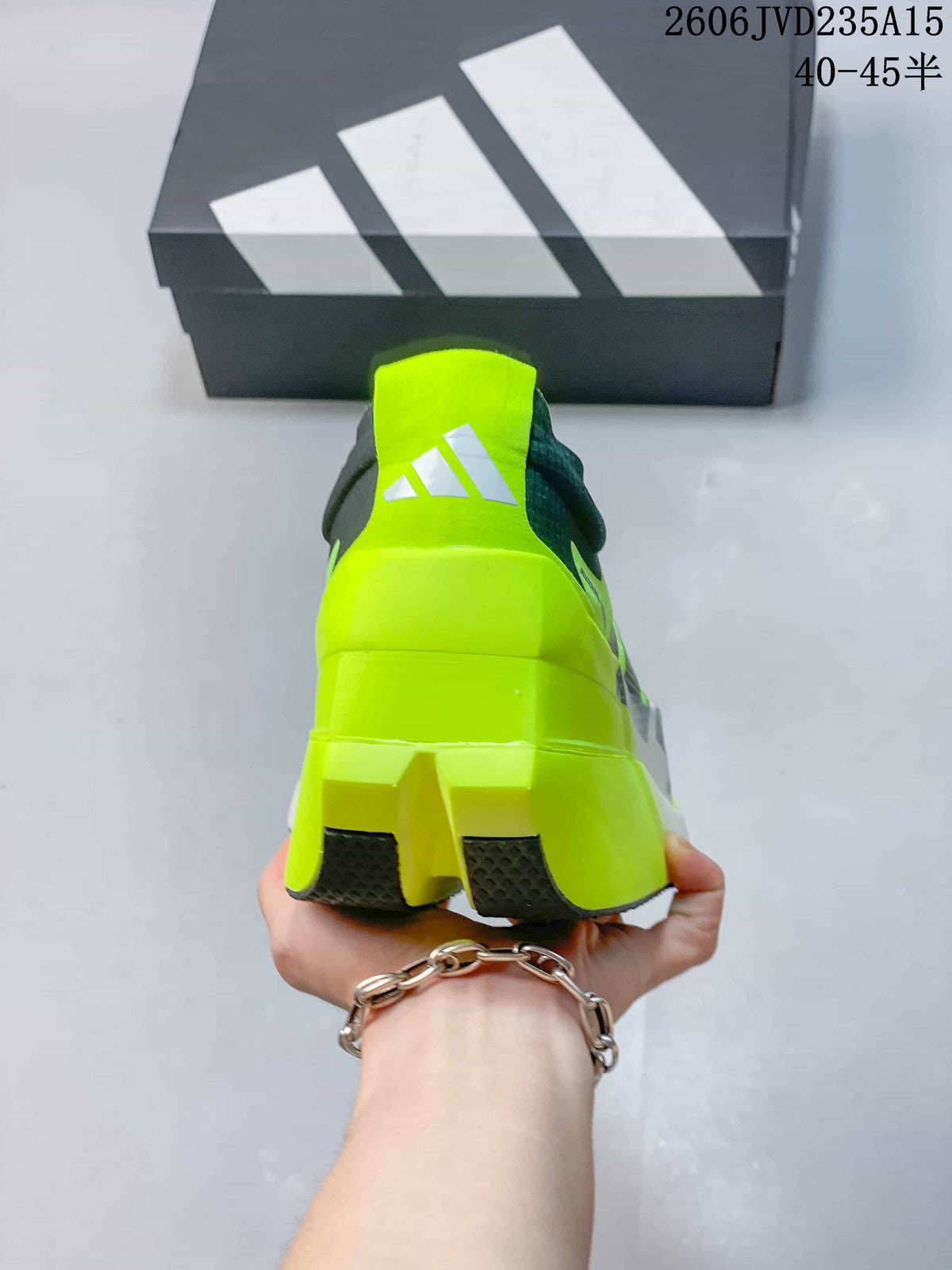 Rear view showing the neon green heel and split outsole