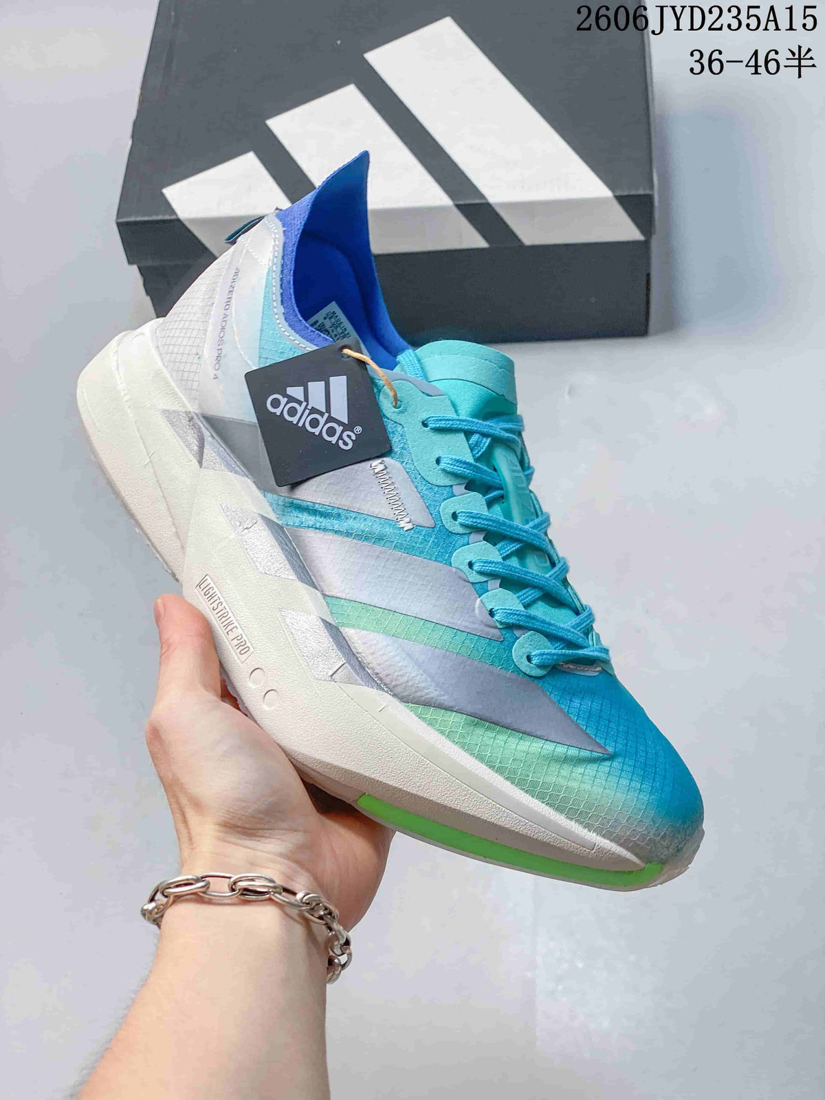 Angled side view of a blue and turquoise Adizero Adios Pro 4 shoe