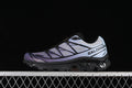 Side view of a Salomon XT-6 shoe in gray, blue-violet, and black.