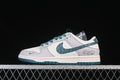 Side view of white and light gray Nike SB Dunk Low shoes with teal accents and patterned side swoosh