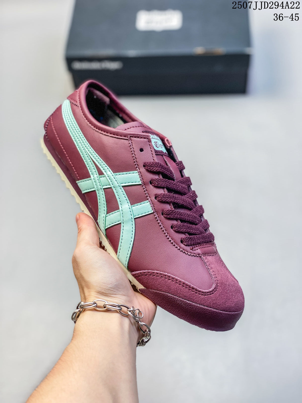 Burgundy Mexico 66 Deluxe sneaker with mint-colored side stripes