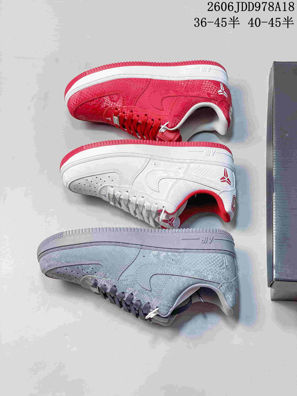 Side views of red, white, and pale blue-gray low-top sneakers