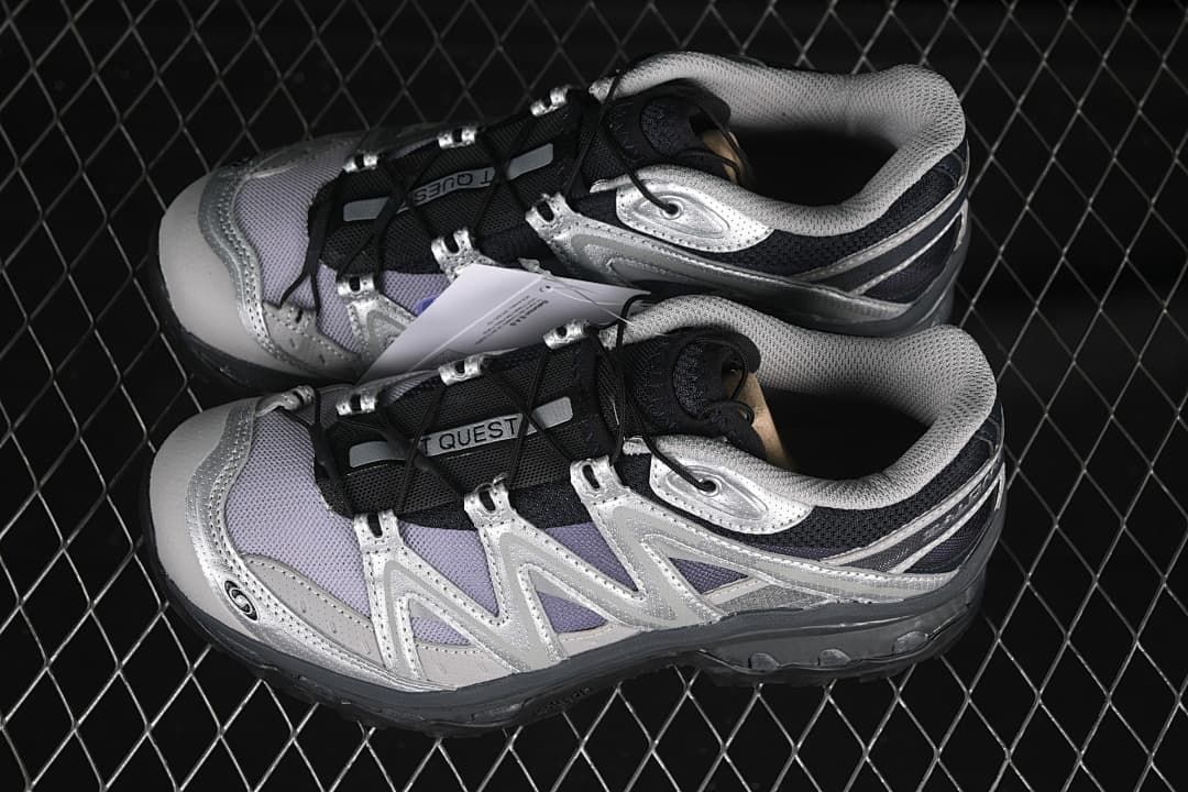 Pair of Salomon XT-Quest sneakers in silver, black, and pale lavender