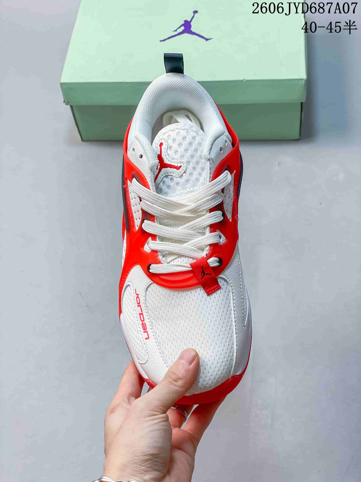 Top view of the white and red Jordan Heir PF shoe with lace-up closure