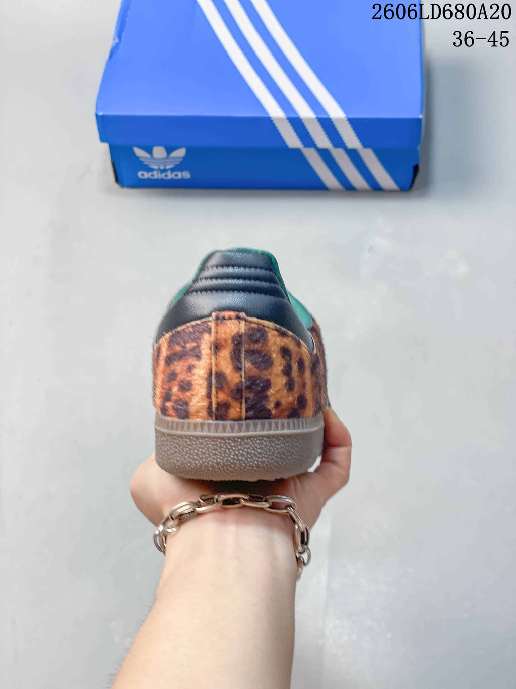 Rear view of the leopard-print heel and gum-tone sole