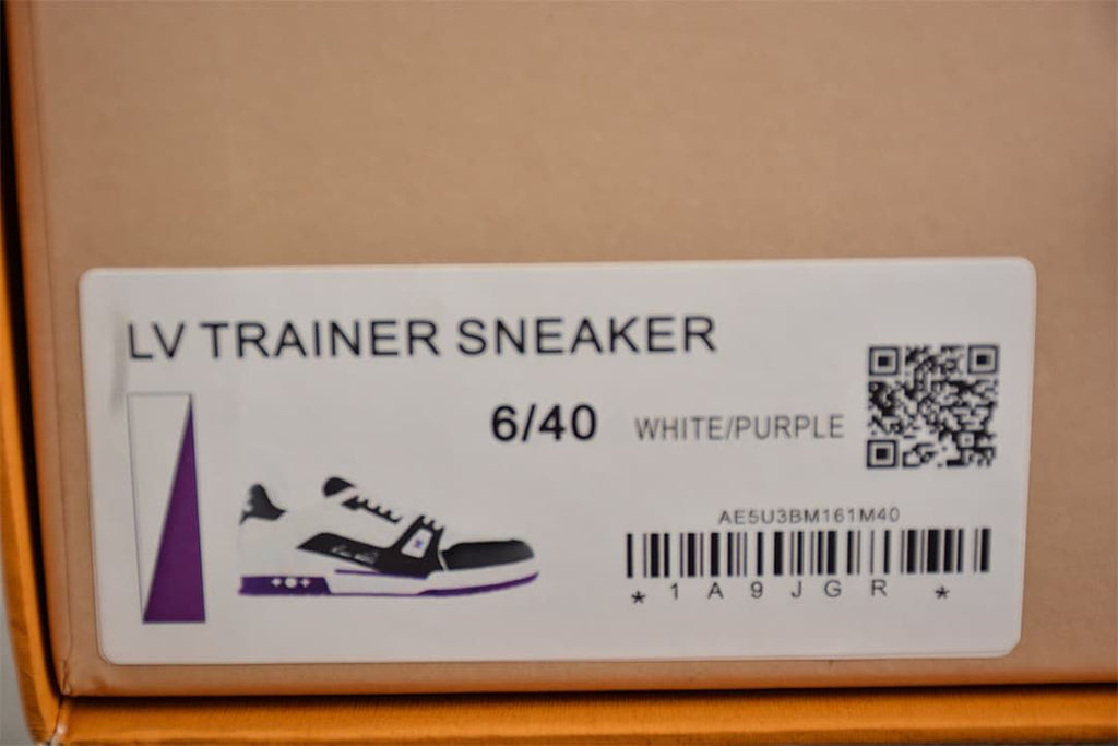 Shoe box label reading LV Trainer Sneaker, size 6/40, White/Purple