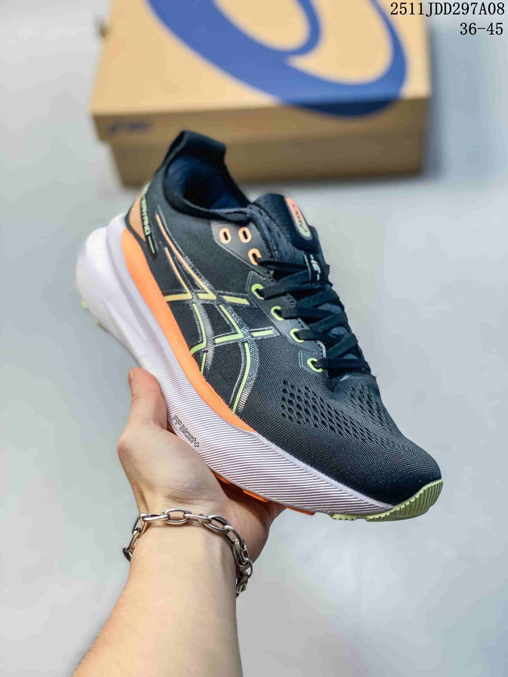 Angled side view of the charcoal running shoe with lime accents and white midsole.