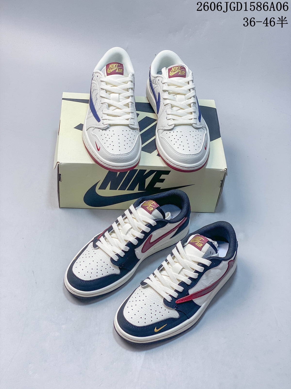Two views of white sneakers with navy or blue and red accents.