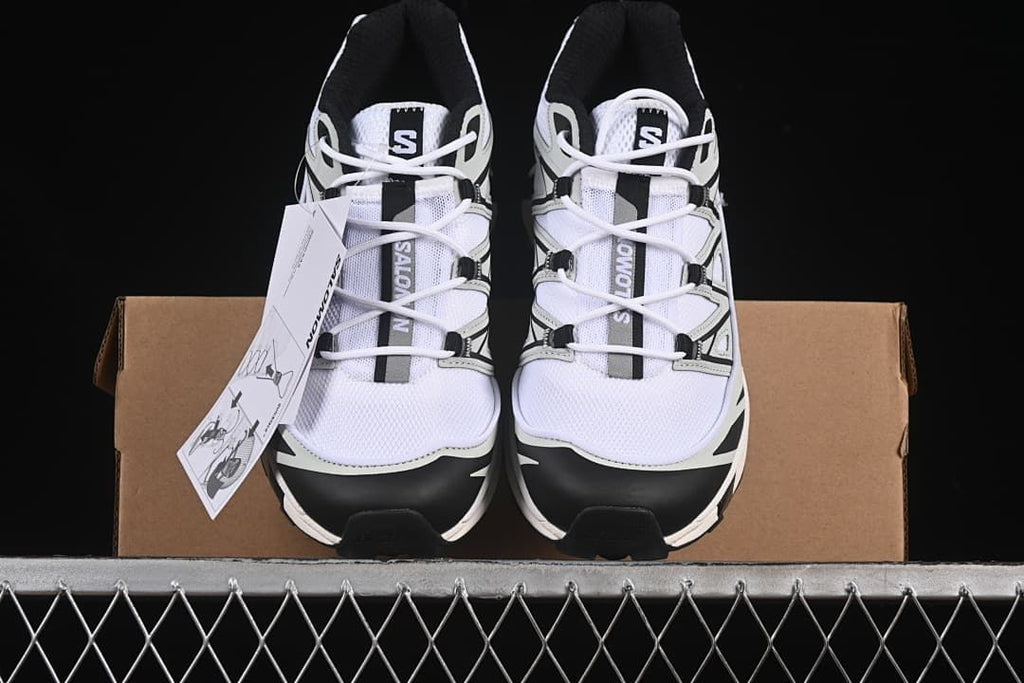 Front view of the pair of Salomon XT-6 Expanse sneakers on a shoebox.