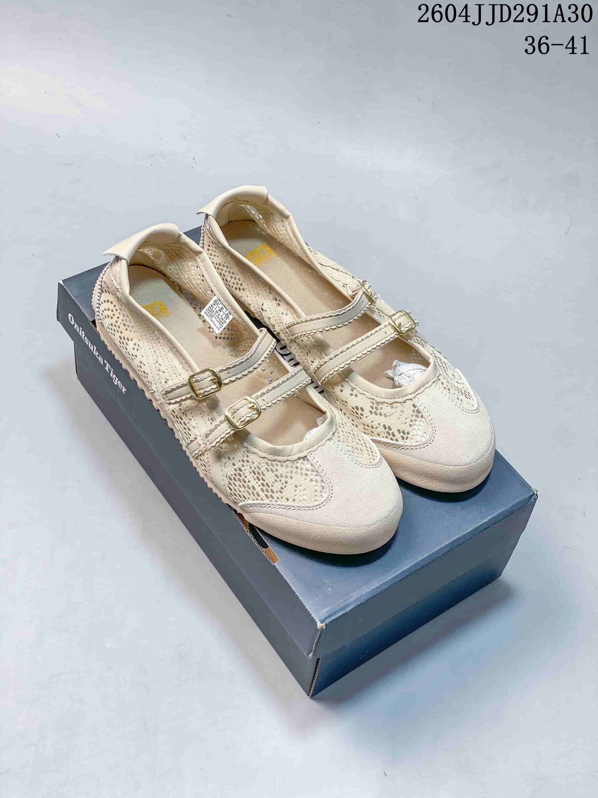 Cream-colored ASICS Mary Jane-style shoes with two buckle straps, shown on a shoebox