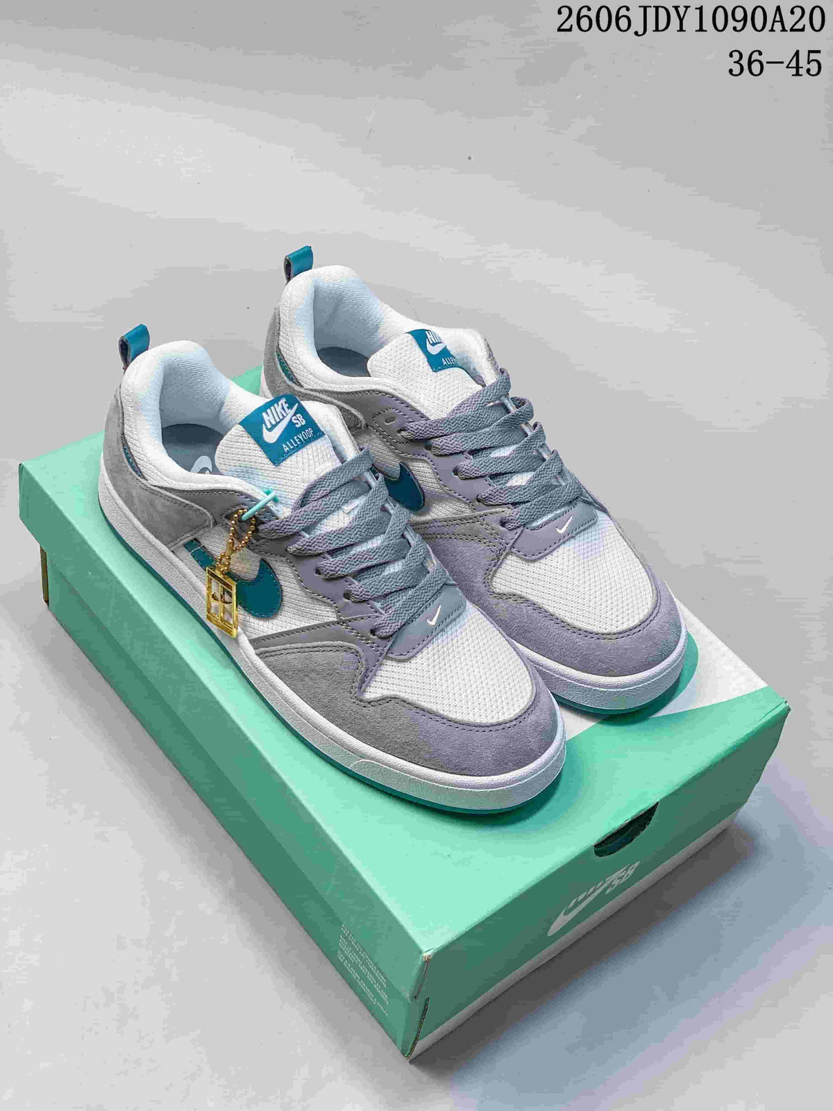 Pair of gray, white, and teal Nike SB Alleyoop low-top shoes on a teal shoebox