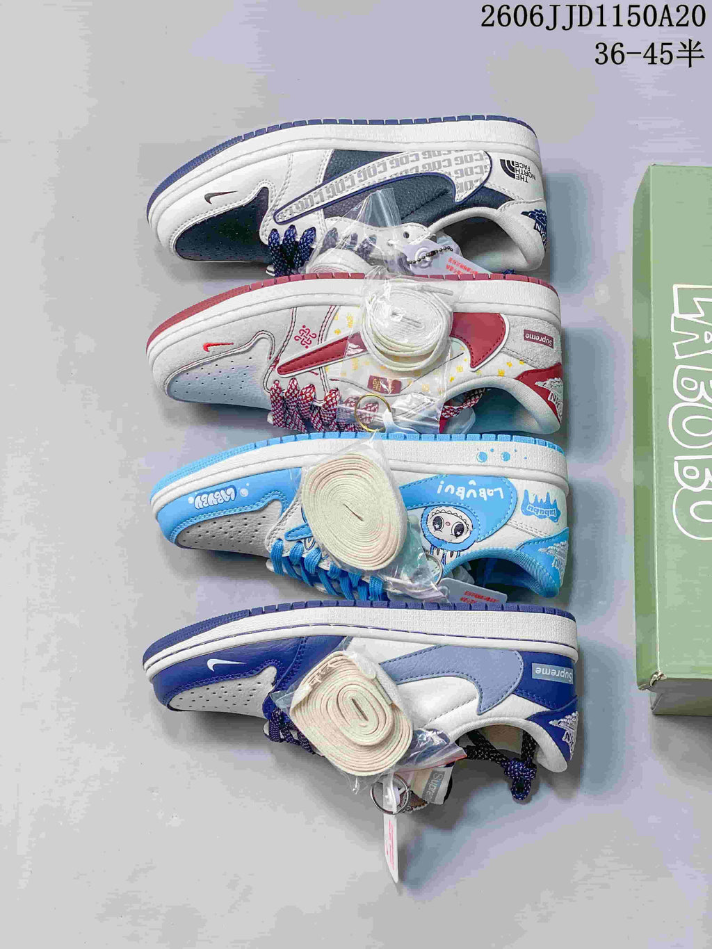 Four low-top sneaker designs shown together, with different colorways and decorative details.