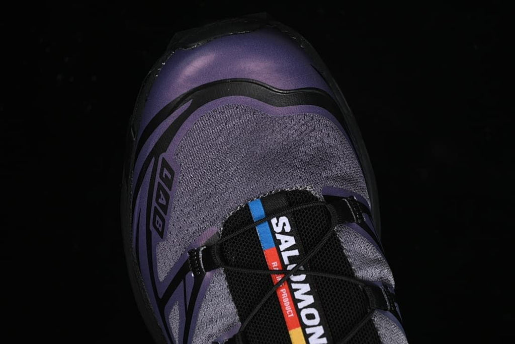 Top view of the shoe's gray-violet toe and lace area.