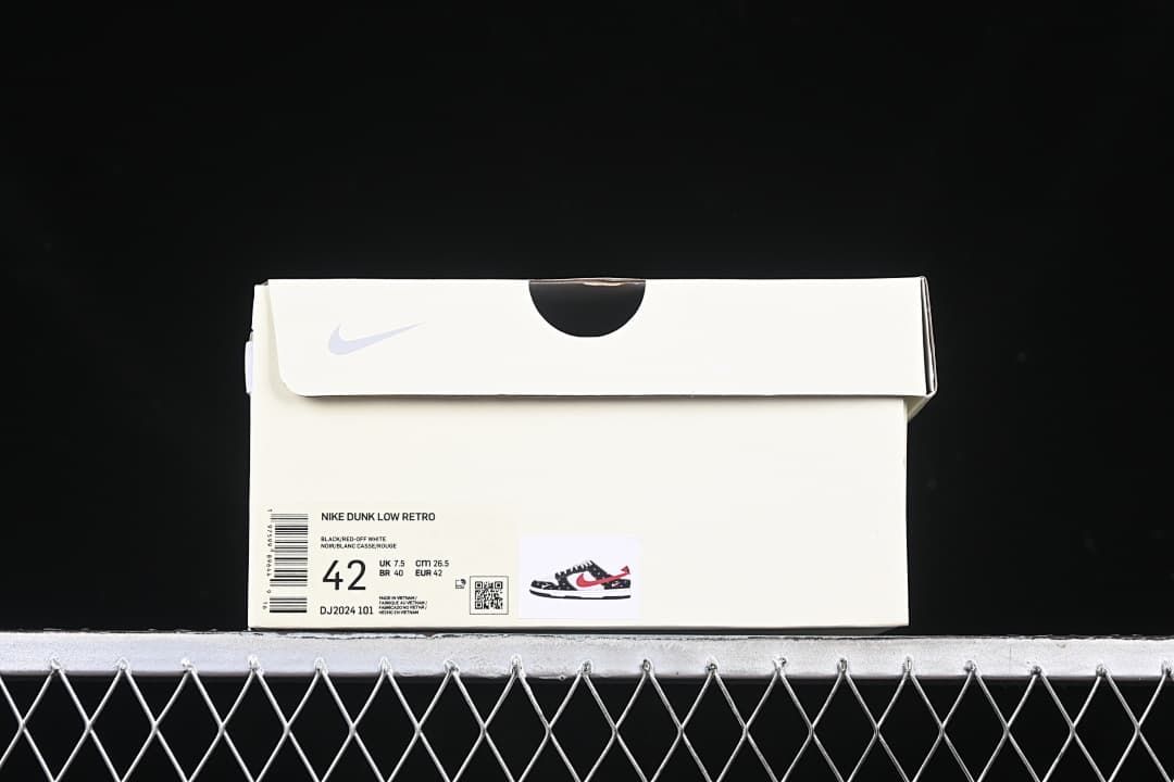 Shoebox label showing Nike Dunk Low Retro and a size marking of 42.